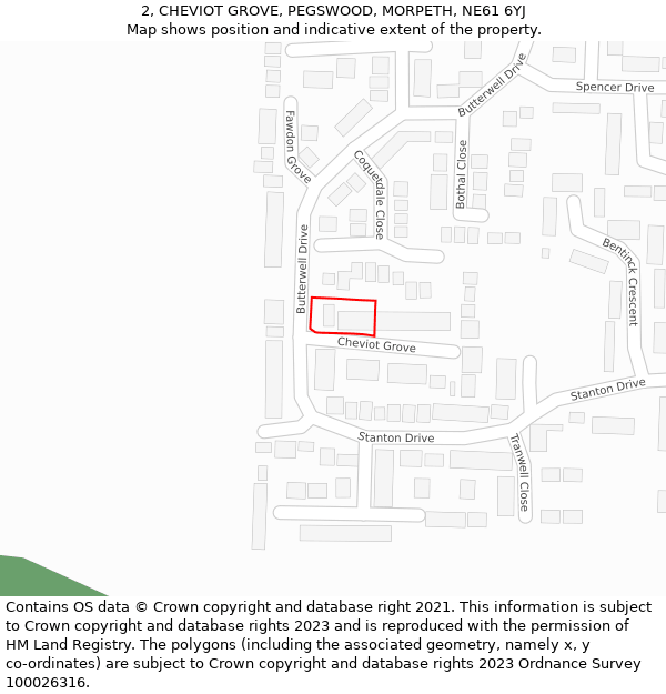 2, CHEVIOT GROVE, PEGSWOOD, MORPETH, NE61 6YJ: Location map and indicative extent of plot