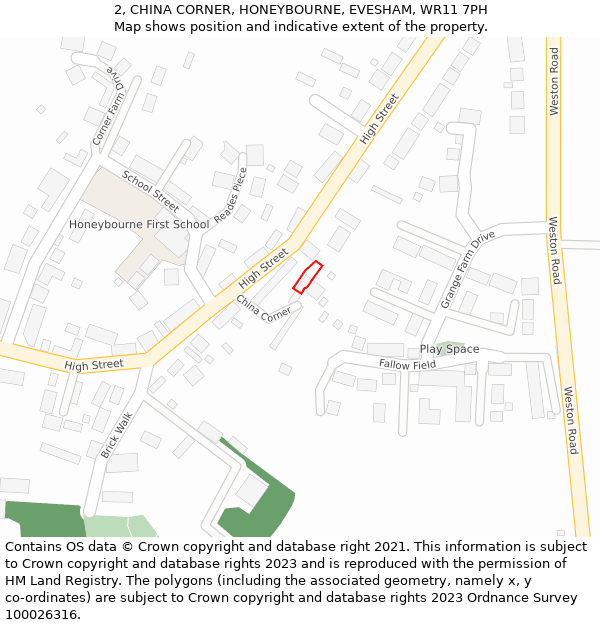 2, CHINA CORNER, HONEYBOURNE, EVESHAM, WR11 7PH: Location map and indicative extent of plot