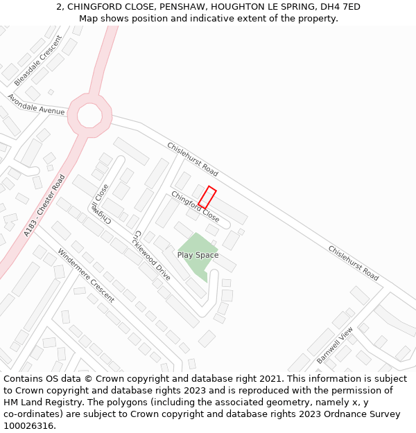 2, CHINGFORD CLOSE, PENSHAW, HOUGHTON LE SPRING, DH4 7ED: Location map and indicative extent of plot