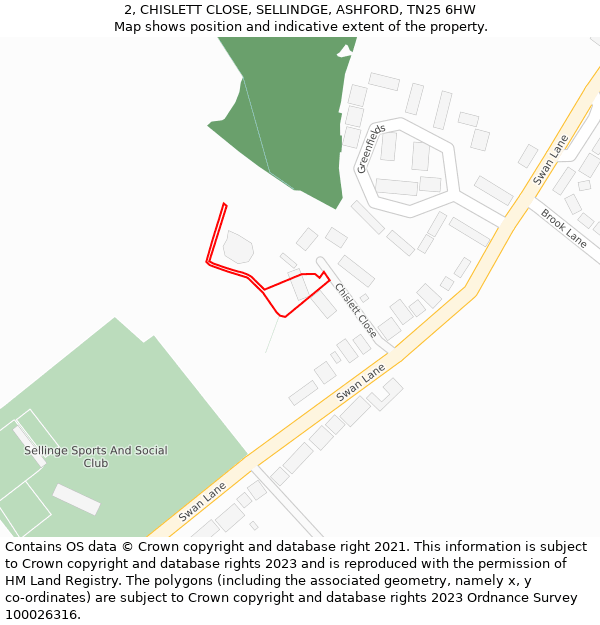 2, CHISLETT CLOSE, SELLINDGE, ASHFORD, TN25 6HW: Location map and indicative extent of plot