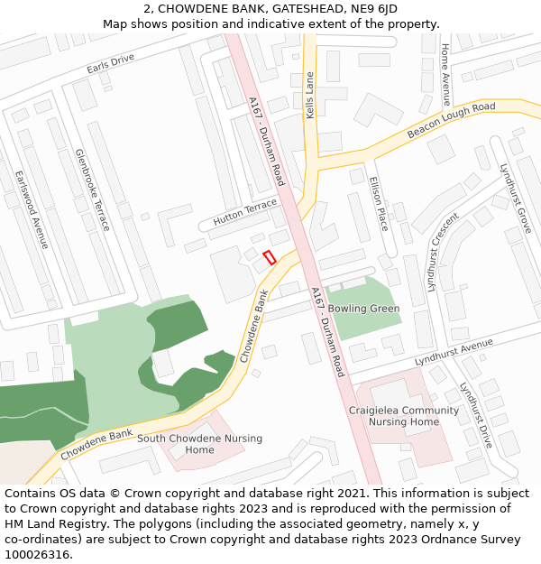 2, CHOWDENE BANK, GATESHEAD, NE9 6JD: Location map and indicative extent of plot