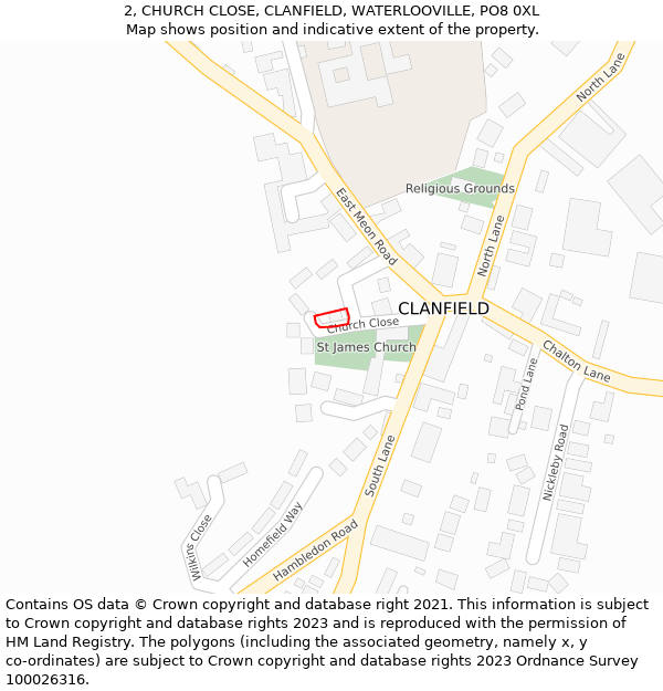 2, CHURCH CLOSE, CLANFIELD, WATERLOOVILLE, PO8 0XL: Location map and indicative extent of plot