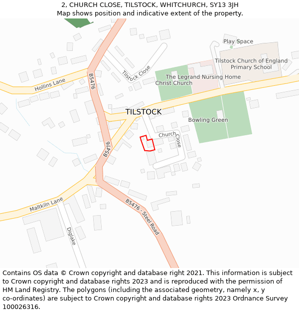 2, CHURCH CLOSE, TILSTOCK, WHITCHURCH, SY13 3JH: Location map and indicative extent of plot