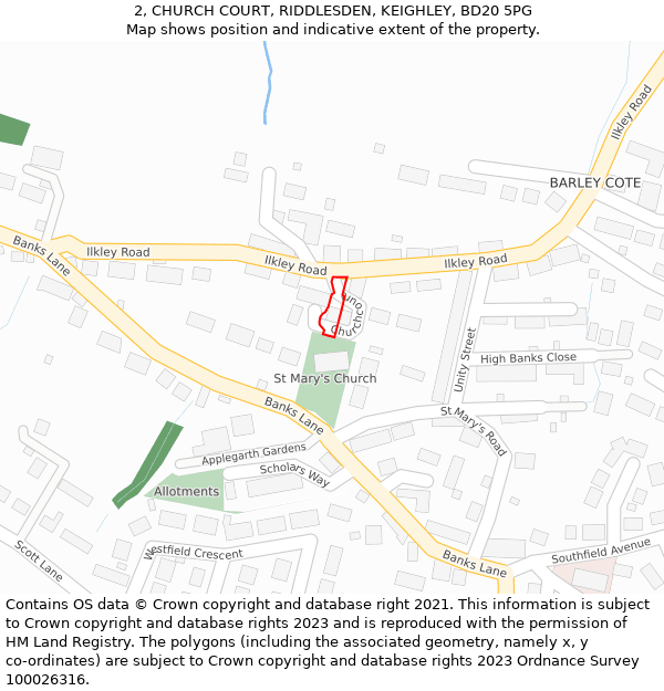 2, CHURCH COURT, RIDDLESDEN, KEIGHLEY, BD20 5PG: Location map and indicative extent of plot