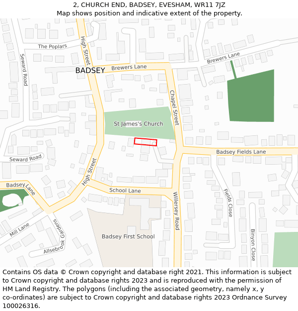2, CHURCH END, BADSEY, EVESHAM, WR11 7JZ: Location map and indicative extent of plot