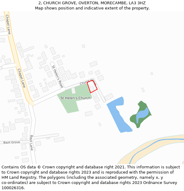 2, CHURCH GROVE, OVERTON, MORECAMBE, LA3 3HZ: Location map and indicative extent of plot