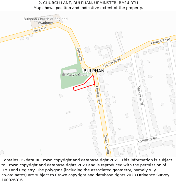 2, CHURCH LANE, BULPHAN, UPMINSTER, RM14 3TU: Location map and indicative extent of plot