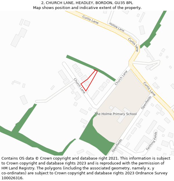 2, CHURCH LANE, HEADLEY, BORDON, GU35 8PL: Location map and indicative extent of plot