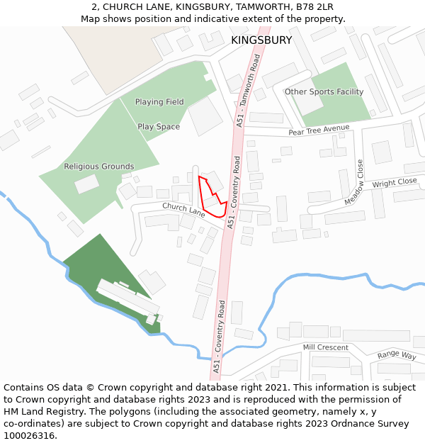 2, CHURCH LANE, KINGSBURY, TAMWORTH, B78 2LR: Location map and indicative extent of plot