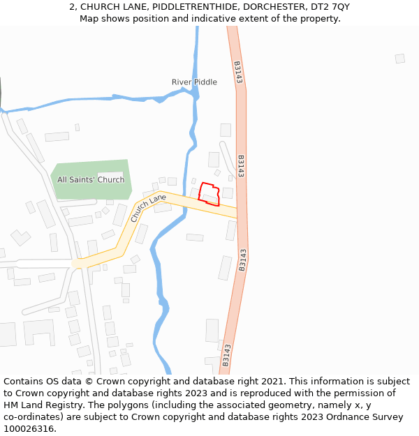 2, CHURCH LANE, PIDDLETRENTHIDE, DORCHESTER, DT2 7QY: Location map and indicative extent of plot