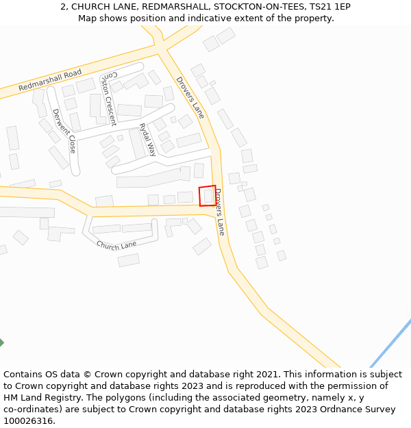 2, CHURCH LANE, REDMARSHALL, STOCKTON-ON-TEES, TS21 1EP: Location map and indicative extent of plot