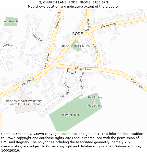 2, CHURCH LANE, RODE, FROME, BA11 6PN: Location map and indicative extent of plot