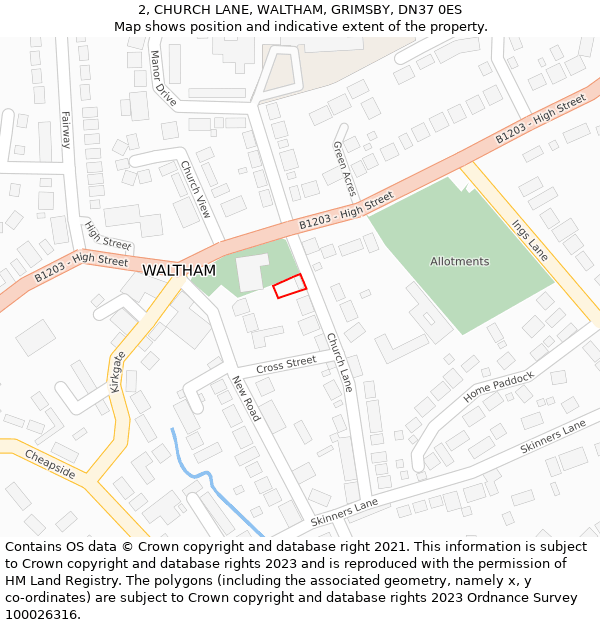 2, CHURCH LANE, WALTHAM, GRIMSBY, DN37 0ES: Location map and indicative extent of plot