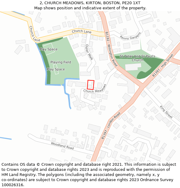 2, CHURCH MEADOWS, KIRTON, BOSTON, PE20 1XT: Location map and indicative extent of plot