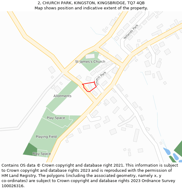2, CHURCH PARK, KINGSTON, KINGSBRIDGE, TQ7 4QB: Location map and indicative extent of plot