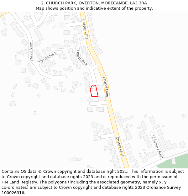2, CHURCH PARK, OVERTON, MORECAMBE, LA3 3RA: Location map and indicative extent of plot