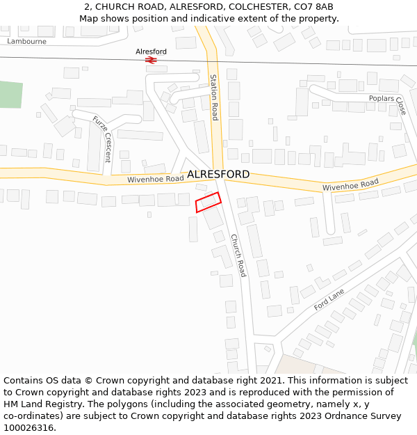 2, CHURCH ROAD, ALRESFORD, COLCHESTER, CO7 8AB: Location map and indicative extent of plot