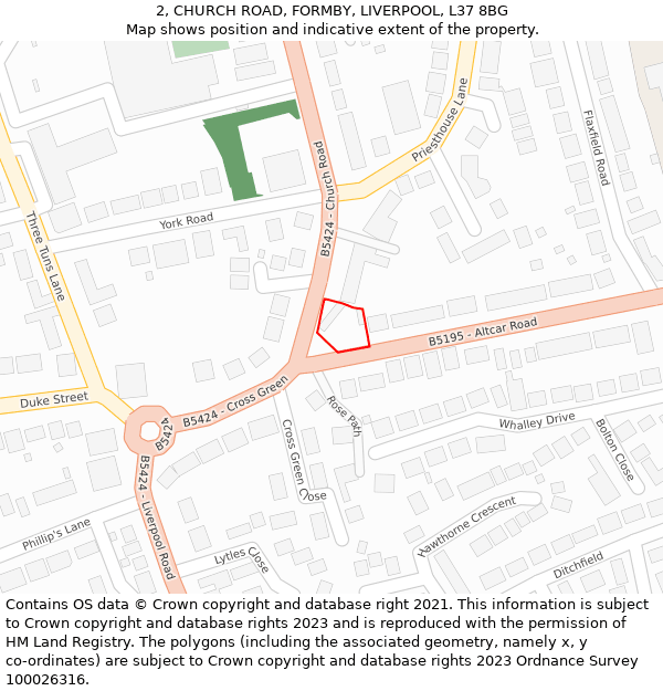 2, CHURCH ROAD, FORMBY, LIVERPOOL, L37 8BG: Location map and indicative extent of plot