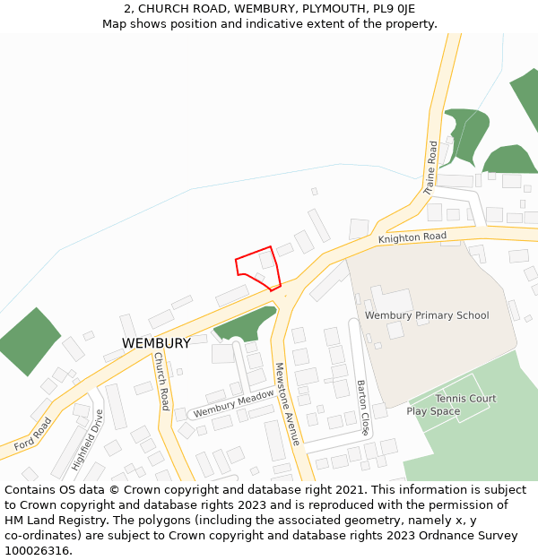 2, CHURCH ROAD, WEMBURY, PLYMOUTH, PL9 0JE: Location map and indicative extent of plot