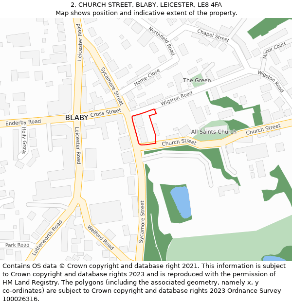 2, CHURCH STREET, BLABY, LEICESTER, LE8 4FA: Location map and indicative extent of plot