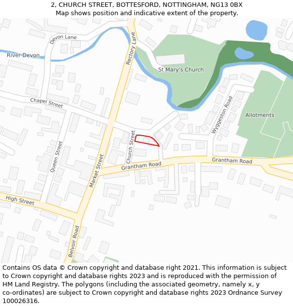 2, CHURCH STREET, BOTTESFORD, NOTTINGHAM, NG13 0BX: Location map and indicative extent of plot