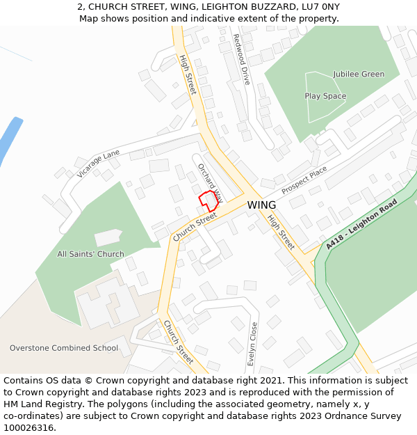 2, CHURCH STREET, WING, LEIGHTON BUZZARD, LU7 0NY: Location map and indicative extent of plot