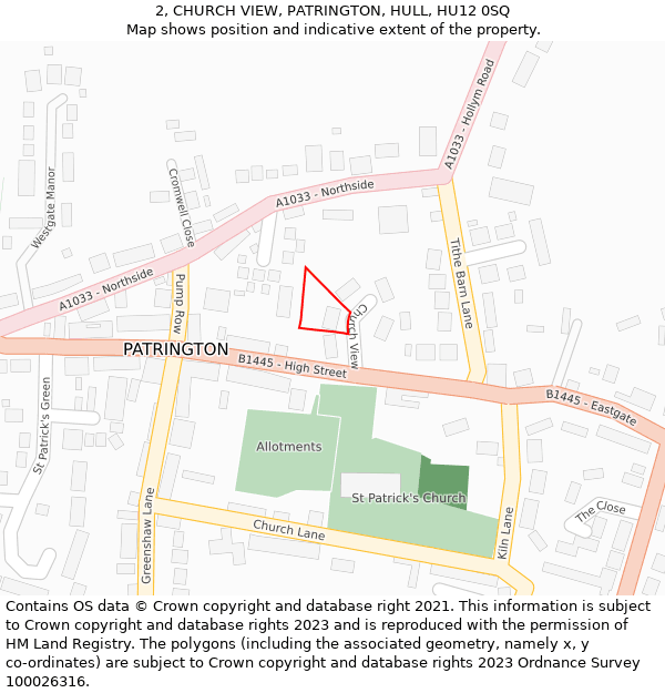 2, CHURCH VIEW, PATRINGTON, HULL, HU12 0SQ: Location map and indicative extent of plot