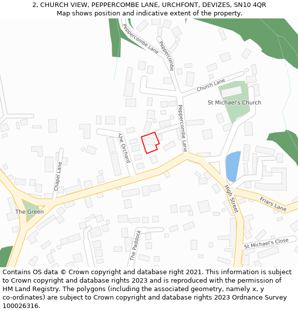 2, CHURCH VIEW, PEPPERCOMBE LANE, URCHFONT, DEVIZES, SN10 4QR: Location map and indicative extent of plot