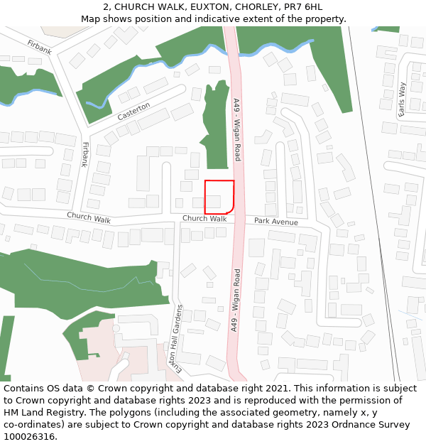 2, CHURCH WALK, EUXTON, CHORLEY, PR7 6HL: Location map and indicative extent of plot