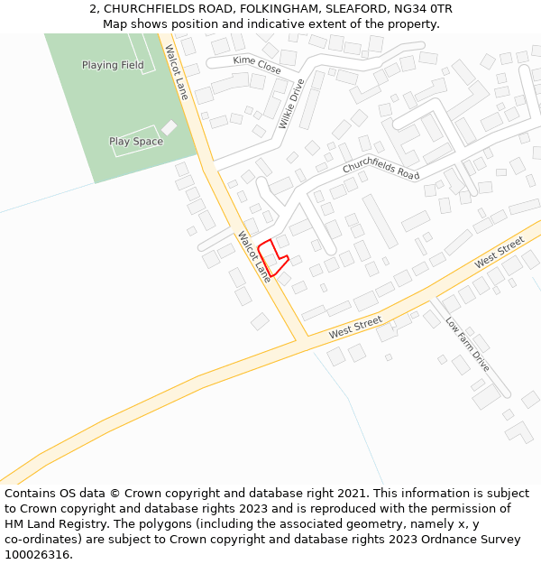 2, CHURCHFIELDS ROAD, FOLKINGHAM, SLEAFORD, NG34 0TR: Location map and indicative extent of plot