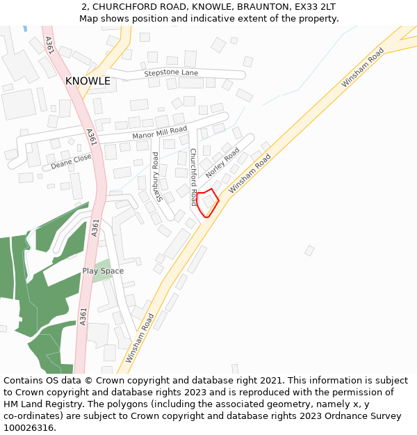 2, CHURCHFORD ROAD, KNOWLE, BRAUNTON, EX33 2LT: Location map and indicative extent of plot