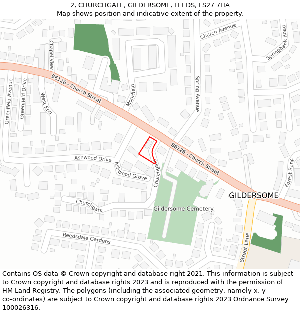 2, CHURCHGATE, GILDERSOME, LEEDS, LS27 7HA: Location map and indicative extent of plot