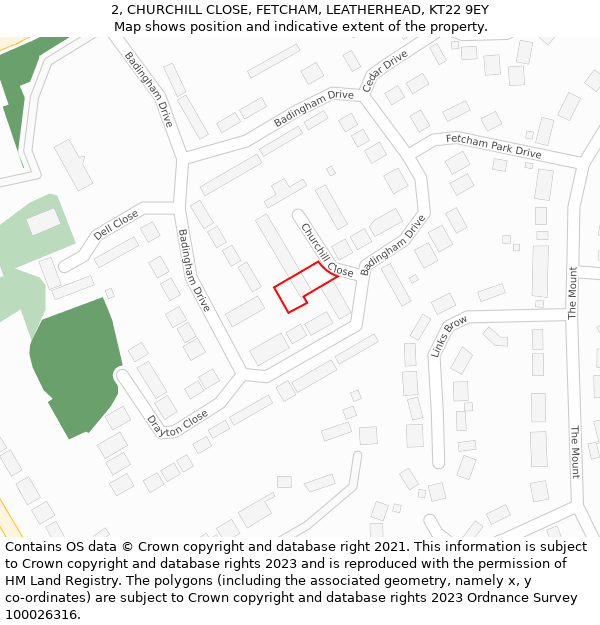 2, CHURCHILL CLOSE, FETCHAM, LEATHERHEAD, KT22 9EY: Location map and indicative extent of plot