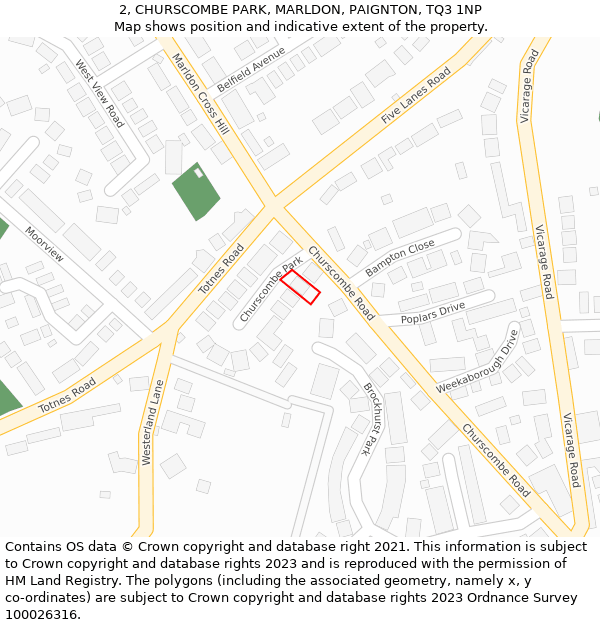 2, CHURSCOMBE PARK, MARLDON, PAIGNTON, TQ3 1NP: Location map and indicative extent of plot