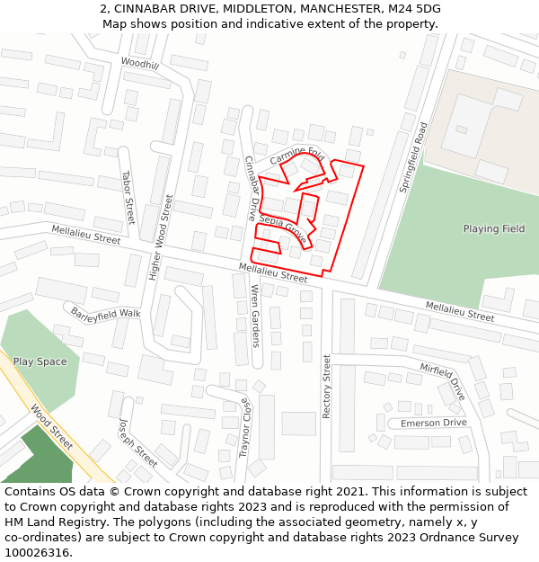 2, CINNABAR DRIVE, MIDDLETON, MANCHESTER, M24 5DG: Location map and indicative extent of plot