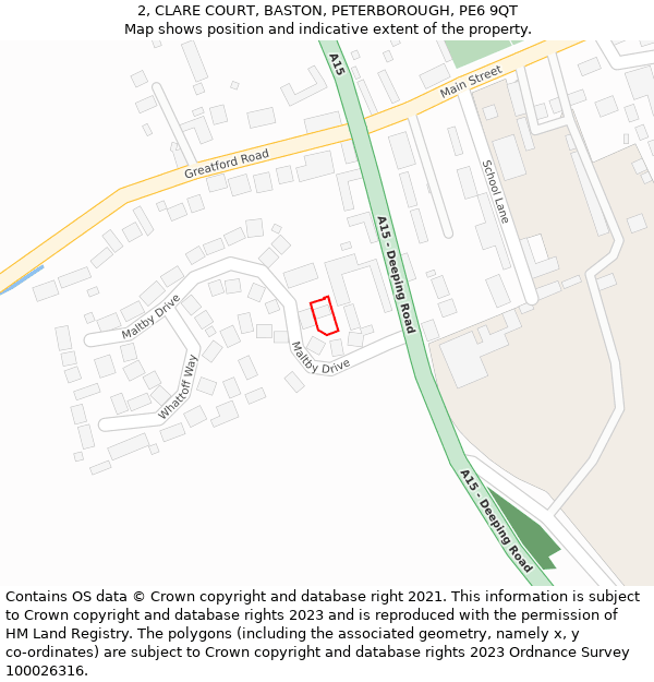2, CLARE COURT, BASTON, PETERBOROUGH, PE6 9QT: Location map and indicative extent of plot