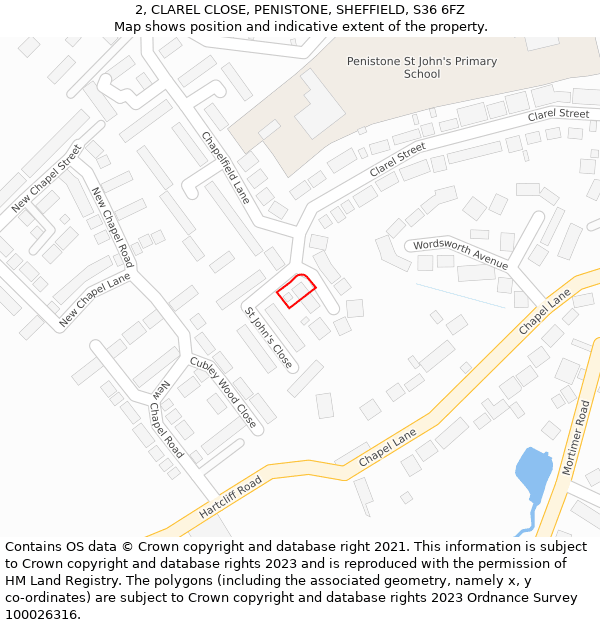 2, CLAREL CLOSE, PENISTONE, SHEFFIELD, S36 6FZ: Location map and indicative extent of plot