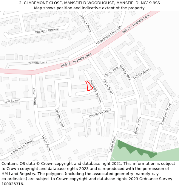 2, CLAREMONT CLOSE, MANSFIELD WOODHOUSE, MANSFIELD, NG19 9SS: Location map and indicative extent of plot