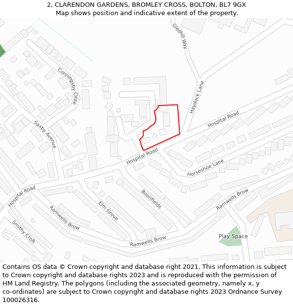 2, CLARENDON GARDENS, BROMLEY CROSS, BOLTON, BL7 9GX: Location map and indicative extent of plot