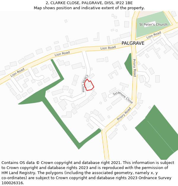 2, CLARKE CLOSE, PALGRAVE, DISS, IP22 1BE: Location map and indicative extent of plot