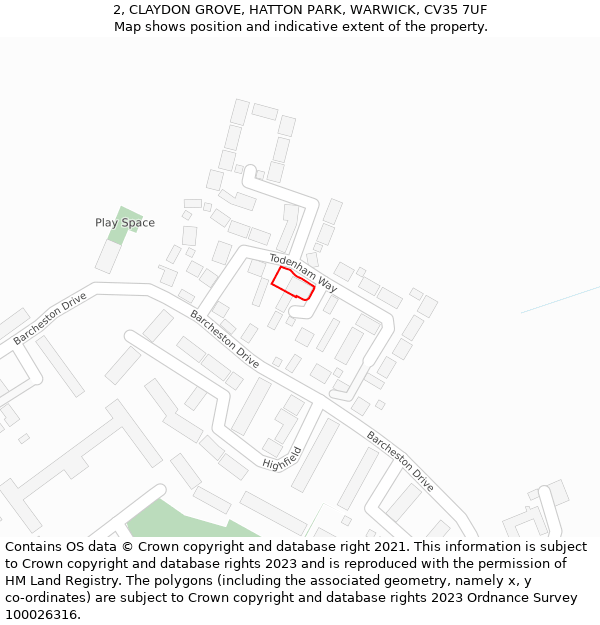 2, CLAYDON GROVE, HATTON PARK, WARWICK, CV35 7UF: Location map and indicative extent of plot