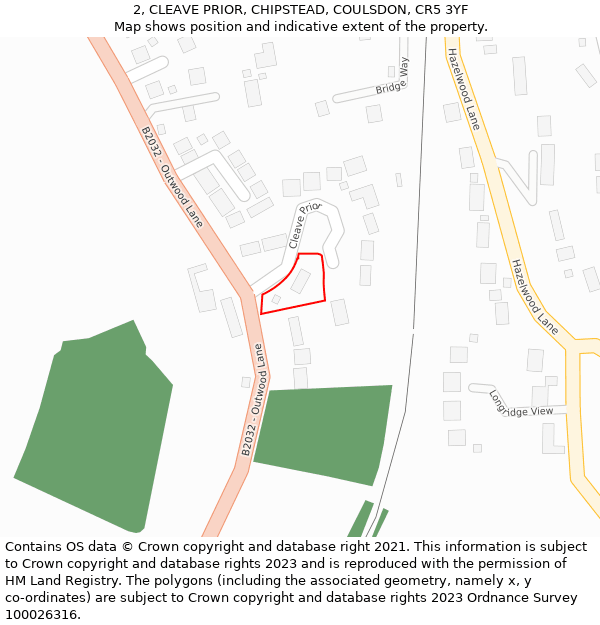 2, CLEAVE PRIOR, CHIPSTEAD, COULSDON, CR5 3YF: Location map and indicative extent of plot