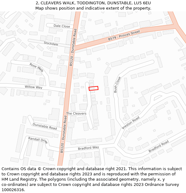 2, CLEAVERS WALK, TODDINGTON, DUNSTABLE, LU5 6EU: Location map and indicative extent of plot