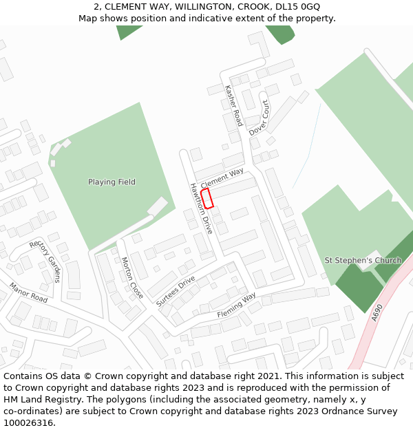 2, CLEMENT WAY, WILLINGTON, CROOK, DL15 0GQ: Location map and indicative extent of plot