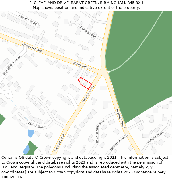 2, CLEVELAND DRIVE, BARNT GREEN, BIRMINGHAM, B45 8XH: Location map and indicative extent of plot