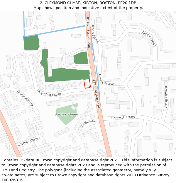 2, CLEYMOND CHASE, KIRTON, BOSTON, PE20 1DP: Location map and indicative extent of plot