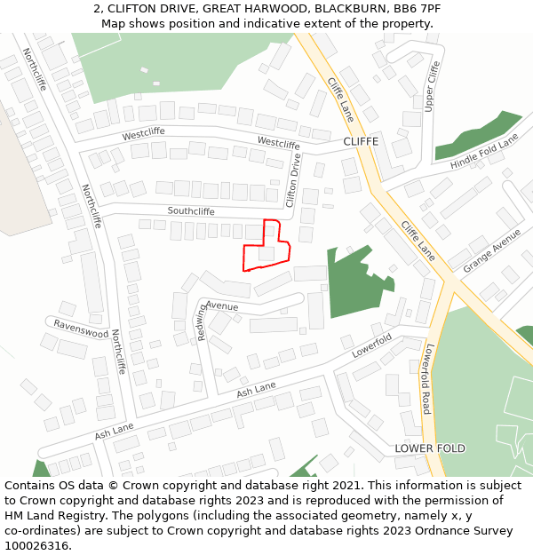 2, CLIFTON DRIVE, GREAT HARWOOD, BLACKBURN, BB6 7PF: Location map and indicative extent of plot