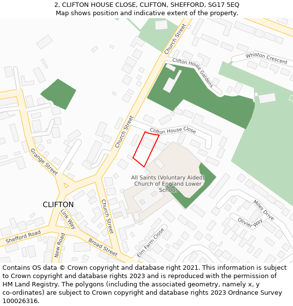 2, CLIFTON HOUSE CLOSE, CLIFTON, SHEFFORD, SG17 5EQ: Location map and indicative extent of plot