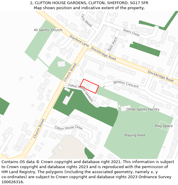 2, CLIFTON HOUSE GARDENS, CLIFTON, SHEFFORD, SG17 5FR: Location map and indicative extent of plot