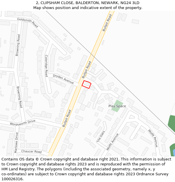 2, CLIPSHAM CLOSE, BALDERTON, NEWARK, NG24 3LD: Location map and indicative extent of plot